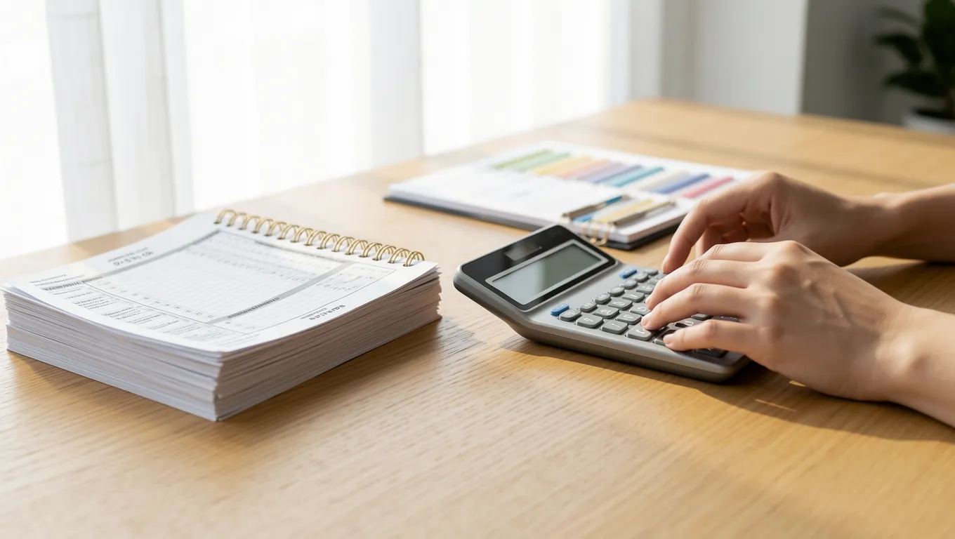 Hands calculating expenses with a notebook and bills